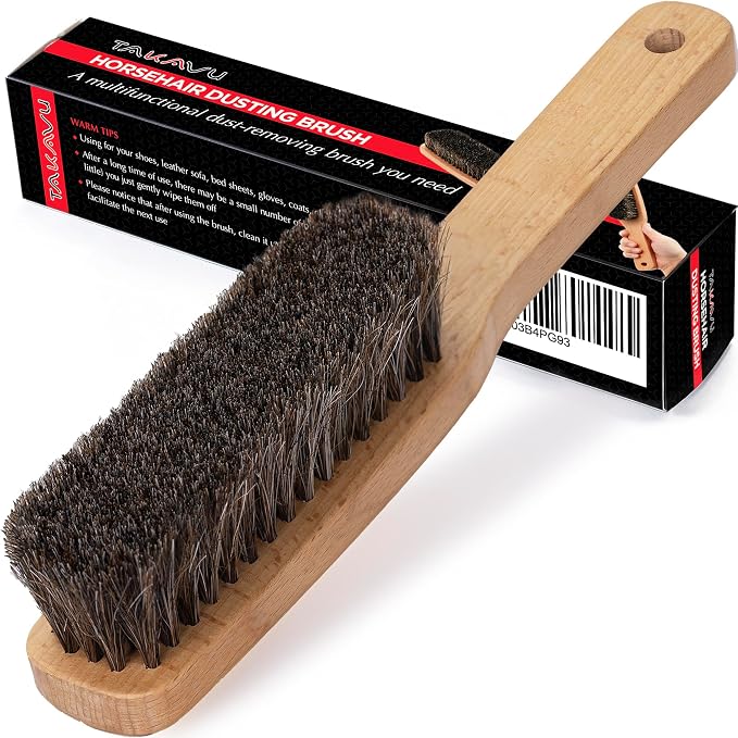 TAKAVU 10.2in Horsehair Hat & Shoe Brush, Long Handle Felt Cleaner | Soft Bristle Dusting Wardrobe Brush for Lint, Pet Hair, Suits, Coats, Upholstery & Garments, Wooden Extended Grip