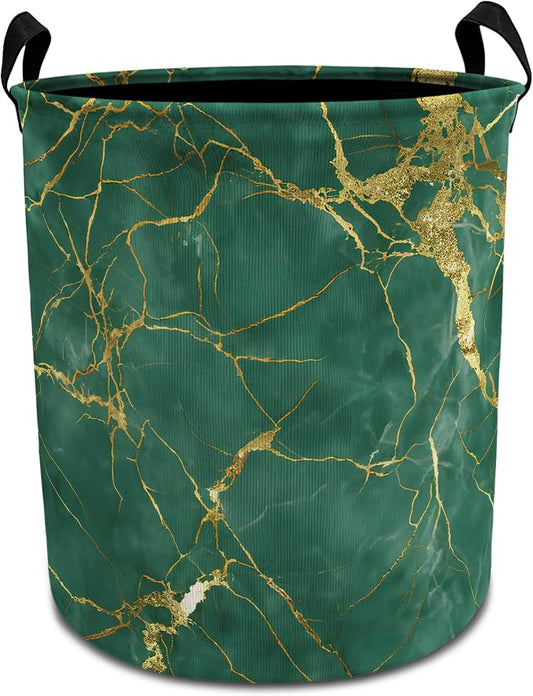 Modern Abstract Green and Gold Laundry Basket with Handles, Luxury Emerald Green Marble Collapsible Waterproof Laundry Hamper Clothes Storage Basket for Bedroom Bathroom Home
