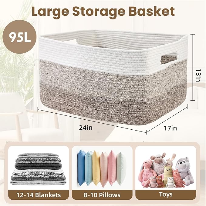 Optish 95L Blanket Basket, Large Woven Baskets for Storage, Blanket Storage for Living Room, Rope Basket with Handles for Bedroom, Nursery, Toys, Clothes, 24” x 17” x 13.5”, White & Brown