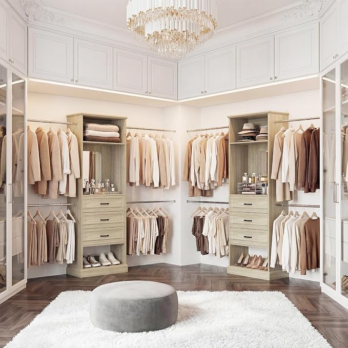 Unikito Closet System, 4FT - 9FT Closet Organizer with Mirror, Luxury Walk in Closet Insert with Drawers and 4 Hanging Rods, Sturdy Wood Wardrobe Closet Garment Rack with 25” Tower, White Oak