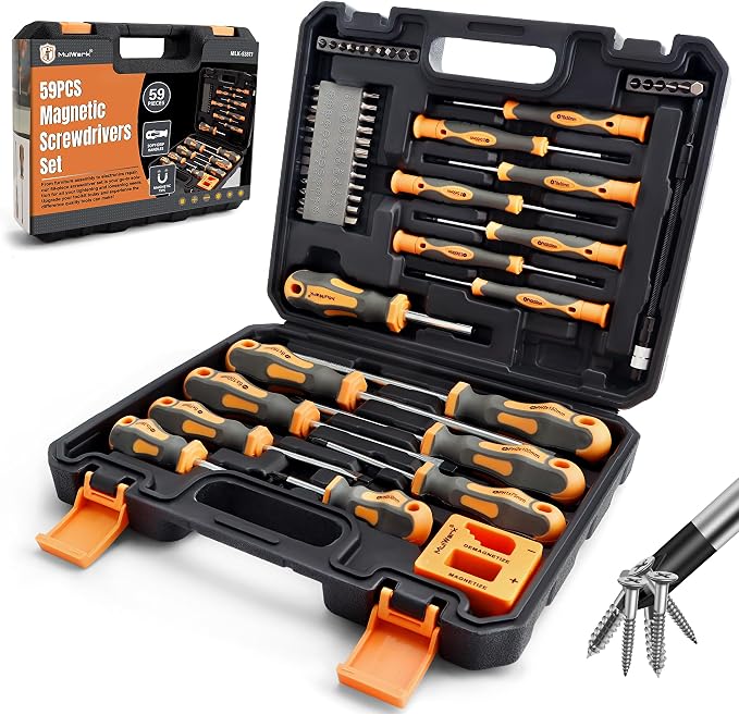 MulWark Magnetic Screwdriver Set with Case, Screw Driver Set Kit 59 Piece Includs Phillips, Hex, Pozidriv, Torx and Precision Screw Driver Set, Replaceable Screwdriver Bit Set for Men, Dad, Husband
