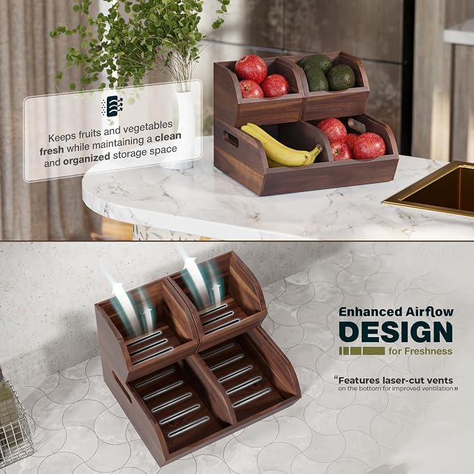 Acacia Potato and Onion Storage Bin - Stackable Wooden Storage Bins with Airflow Vent - Onion and Potato Storage Baskets for Kitchen Countertop Storage Organizer