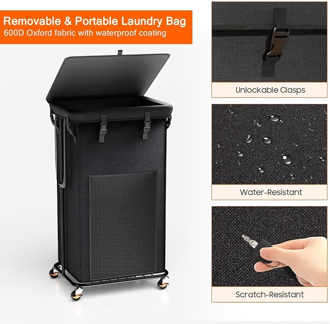 100L Laundry Hamper with Lid & Wheels, Rolling Laundry Basket with Bag | Sturdy Metal Frame | Laundry Bag with Handles| Large Clothes Hampers for Laundry Room, Bedroom, Dorm, Bathroom-Black