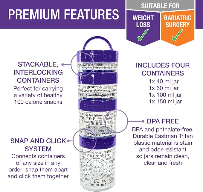100 Cal Stackable Snack Containers for Weight Management, Food Portion Control Containers for Weight Control with Instructions for Men, Women and Bariatric Must-Haves (Purple)