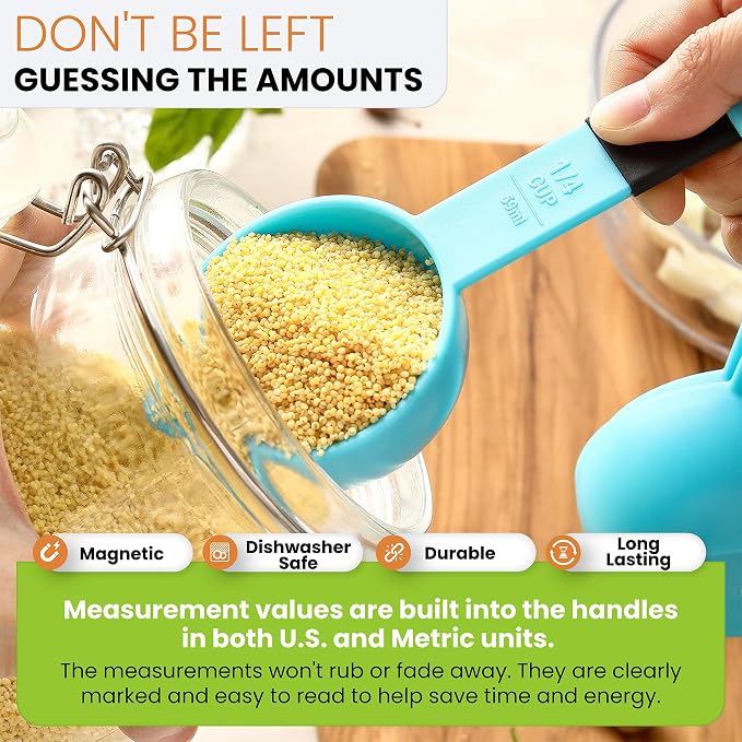 Spring Chef Magnetic Measuring Cups and Spoons Set of 9, Nesting Plastic Kitchen Tool with Easy to Read Markings - Measure Dry or Liquid Ingredient, BPA Free, Aqua Sky