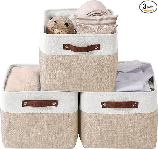 DECOMOMO Storage Baskets for Shelves - Fabric Storage Bins, Linen Closet Organizers and Storage (Beige & White, XL - 3 Pack)
