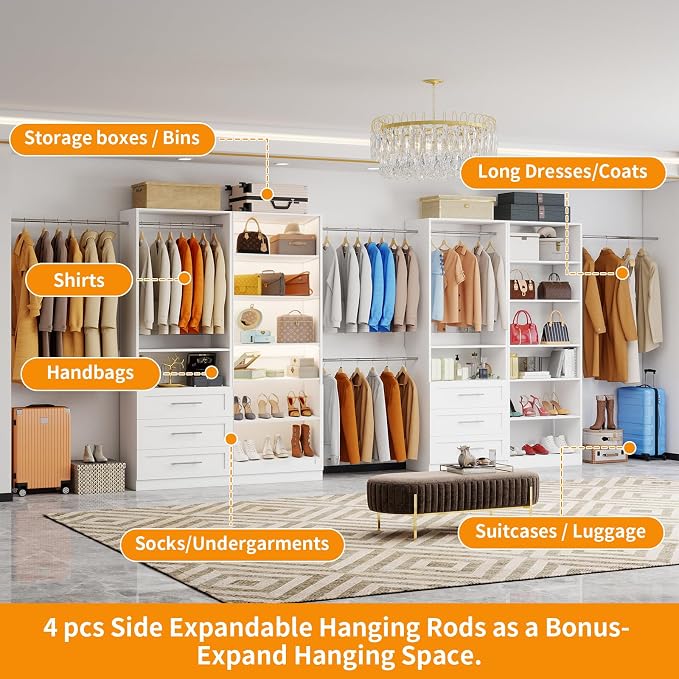 Closet System with 4 Sets, 8FT-21FT Closet Organizer Systems with 6 Drawers 14 Shelves & 6 Hanging Expandable Rods, Walk in Closet Standalone Small Corner Modular Closet Storage System White (8FT)