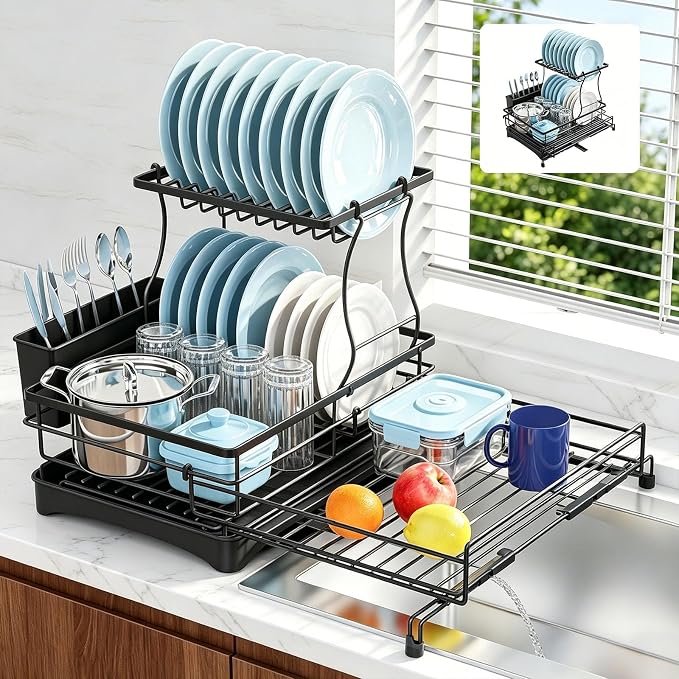 2 Tier Dish Drying Rack, Large Extendable Dish Racks for Kitchen Counter , Dishrack with Drainboard, 2-in-1 Anti-Rust Stainless Steel Dish Drainer with Utensil Holder (Black, double of Dish Rack)