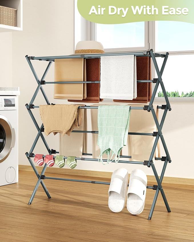 APEXCHASER 3-Tier Foldable Clothes Drying Rack, 37.6" H, Navy Blue | Rust-resistant Metal, Tool-free Assembly, Extendable Drying Hanger, Fold Flat to Easy Storage, 11.8" D x 35" W, Holds 24lbs