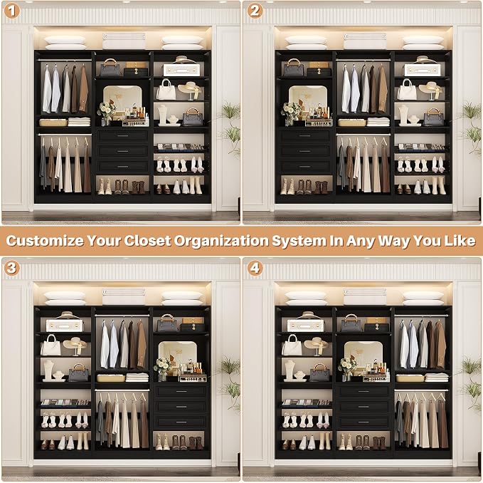 Unikito Modular Closet System with 3 Sets, 75”Closet Organizer System with Drawers, Mirror, Hanging Rods and Adjustable Shelves, Freestanding Wood Wardrobe Garment Rack, Walk in Closet Tower, Black