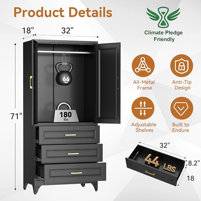 Polup Metal Armoire Wardrobe Closet with Three Drawers, 71“ Tall Large Wardrobe Cabinet with Doors and Hanging Rod, Freestanding Steel Clothes Cabinet for Bedroom, Office, Laundry Room, Black