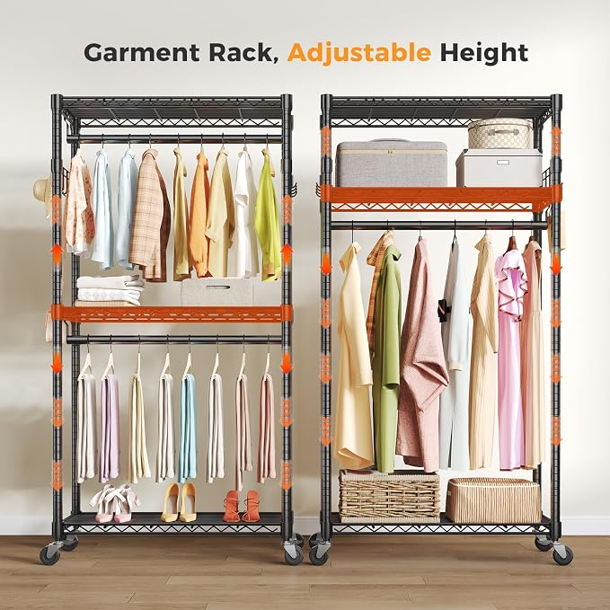 OLIXIS Rolling Clothes Rack, Heavy Duty Garment Rack, 35 IN, Metal Black | Adjustable Closet Organizer for Hanging Clothes, Portable Closet with 2 Side Hooks