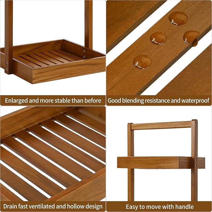 Utoplike Teak Shower Caddy Shelf, Freestanding Racks for Bathroom Corner | Standing Shower Organizer, Wooden Storage for Inside Shower, Bath, Office, Stand Up 3 Tier Kitchen Desktop Organization