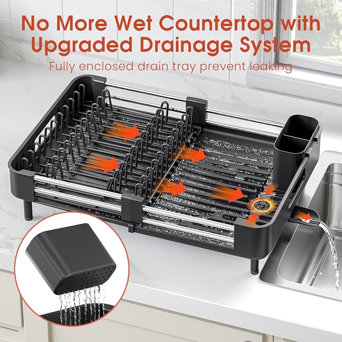 TOOLF Dish Drying Rack Expandable Drainer w/Cutlery & Cup Holder, Black | Stainless Steel &PP, Extenable 12.6" to 18.7"D, Anti-Rust, Auto-Drainage, Space-Saving, Fit for Various Sink Countertops