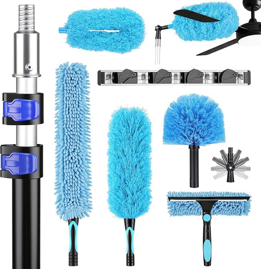 20ft High Reach Extendable Duster Kit with 5-12ft Extension Pole - Ceiling Fan Blade Cleaner, Spider Web Brush Cobweb Remover, Window Squeegee Kit with Telescoping Wand, Extended Extra Long Handle