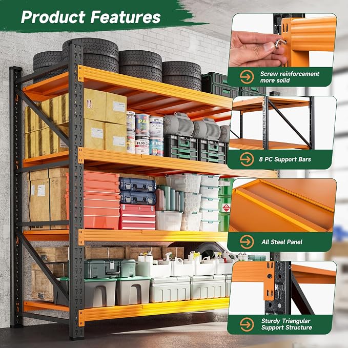 Letaya 4000LBS Heavy Duty Storage Shelves,60" W Metal Garage Shelving Units,4 Tier Large Tall Industrial Shelving,Adjustable Utility Rack Shelf for Warehouse,Basement (Orange, 60" W x 24" D x 70" H)