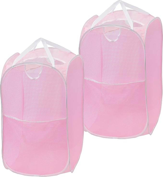 Simple Houseware Mesh Pop-Up Laundry Hamper with Side Pocket, 2 Pack, Pink