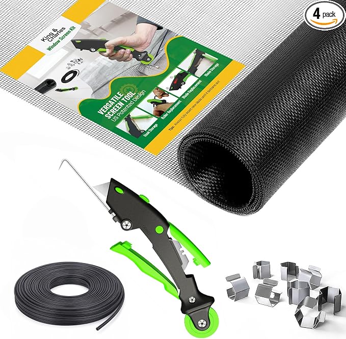 King&Charles Window Screen Replacement,Versatile Window Screen Door Kit | 48"x118" Black Screen Mesh+Versatile Screen Roller Tool+0.14inx50Ft Spline+8Clips for Window Mesh,Patio, RV Mesh Replacement