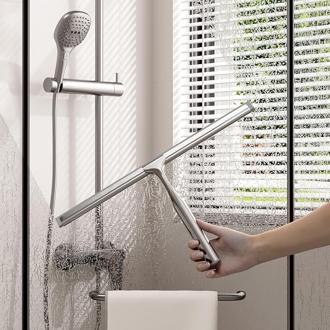 Shower Squeegee for Glass Doors, Squeegee for Shower Glass, Bathroom with Hook, Stainless Steel, 12-Inch Wide Blade for Efficient Cleaning, Perfect for Shower Glass,Tile Walls and Mirrors, Chrome