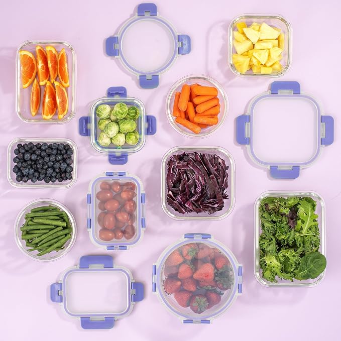 JoyJolt 24pc Borosilicate Glass Storage Containers with Lids | 12 Airtight/Freezer Safe Food Storage Containers for Pantry and Kitchen | Meal Prep Container for Lunch | Glass Tupperware Set