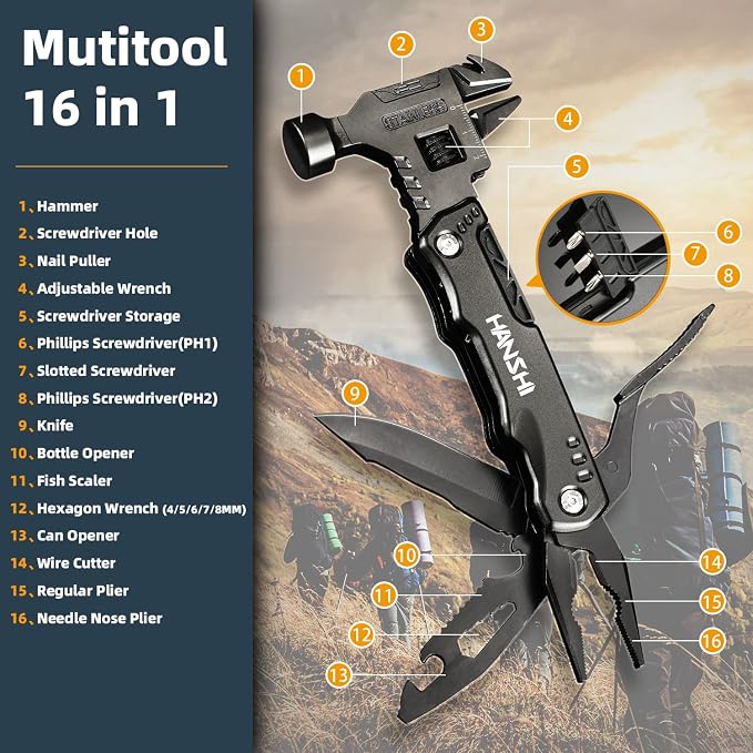 HANSHI Adjustable Wrench Multitool Hammer with Nylon Sheath for Gift | 16 in 1 Multi Functional Tools includes Pliers,Pocket Knife,Can Opener,Bottle Opener,Wire Cutter