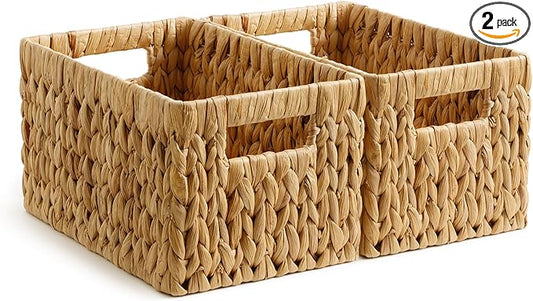 StorageWorks Wicker Basket, Baskets for Organizing, Storage Basket with Built-in Handles, Water Hyacinth Shelves (Medium 2-Pack, Natural Hyacinth)
