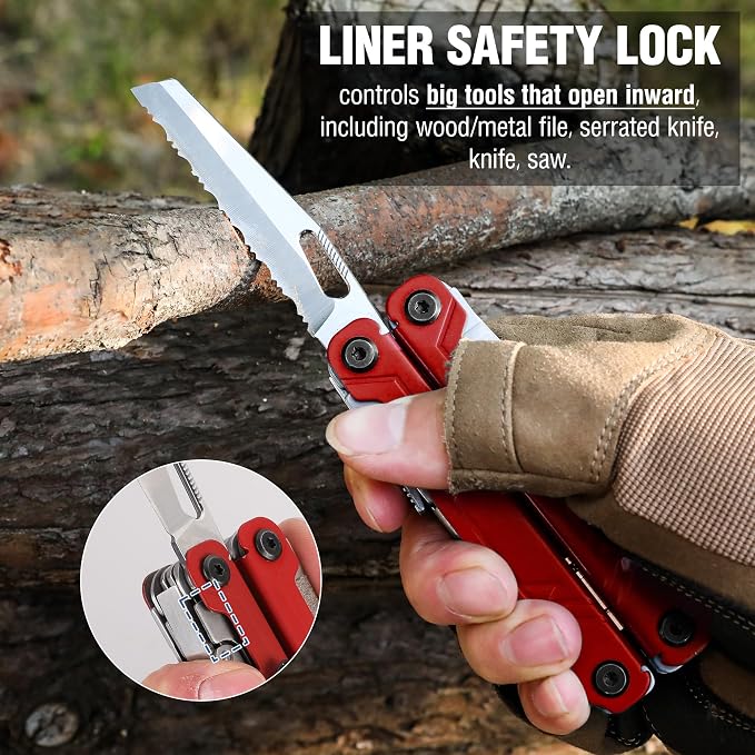 WORKPRO 18-in-1 Multi Tool Pliers Pocket Knife, 2 Safety Locks, EDC, Red | Gifts for Men Dad Women Wife, Stainless Steel Multitool, Belt Clip and Oxford Pouch, Utility Tool for Camping