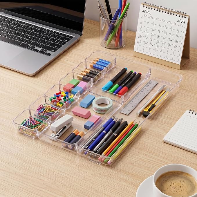 Junkin 4 Pcs Shallow Drawer Organizers 14" x 9" x 1" Desk Drawer Organizer Tray with 9 Storage Compartments for Home Office Classroom School Organizing Pens Paper Clips Sticky Notes (Clear)
