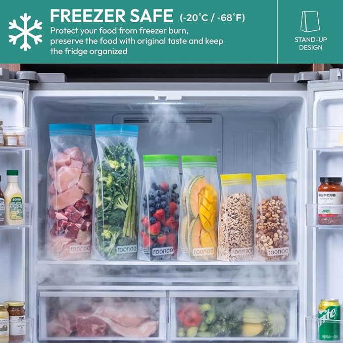 24 Pack Reusable Food Storage Bags Stand Up, Dishwasher Safe BPA Free Gallon Freezer Bags, Extra Thick Leakproof Ziplock Sandwich Snack Bags for Meal Prep Travel（8 Gallon,8 Half Gallon, 8 Sandwich)