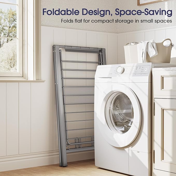 APEXCHASER Clothes Drying Rack, 67.7" L Height Adjustable, Foldable, Grey | 1.5"Folded, No Assembly, Space-Saving, Spacious Design, Adjustable Wings, Clips, Mesh Shelf, Shoe Rack, Indoor & Outdoor Use