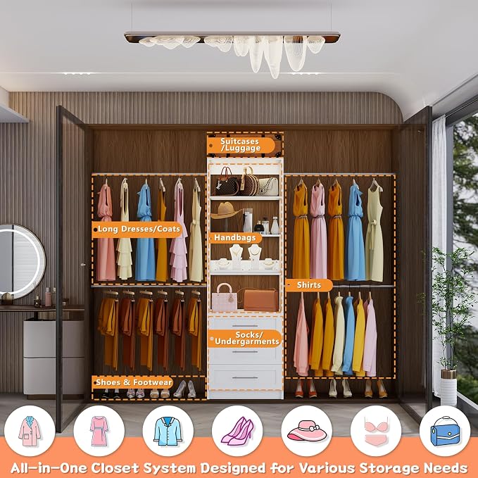 Closet System with 9 Drawers, 8FT-20FT Custom Closet Organizer System Modular Walk in Closet Storage Wooden System with 12 Expandable Hanging Rods Adjustable Shelves 3 Sets White(8FT-20FT)