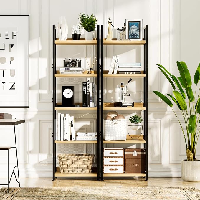 NUMENN Narrow Bookshelf, 5 Tier Freestanding Shelving Unit, Natural | Metal Frame & Wood Shelves, Falling Prevention Baffle, Open Storage Bookcase for Bedroom, Living Room & Home Office