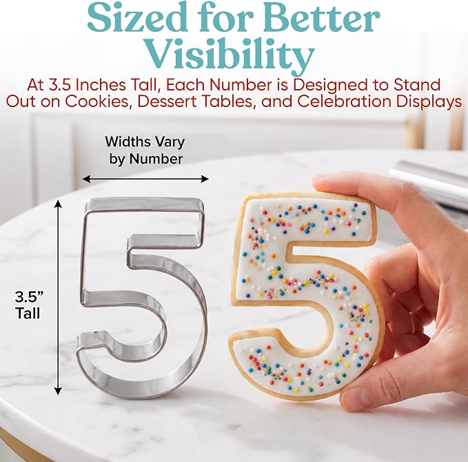 Bakerpan Stainless Steel Big Number Cookie Cutter Set - 9 Large 3.5 Inch Number Cookie Cutters 0-9 (Reversible 6/9) for Cookies, Biscuits, Fondant, Birthdays & Cake Decorating + Bonus Dough Cutter