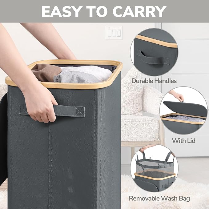Goodpick 100L Large Rolling Laundry Hamper with Lid, Gray | Wheels Design, Removable Wash Bag, Collapsible, Bedroom & Bathroom Organization, Clothes, Blankets & Bedding Storage