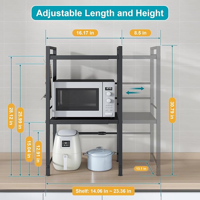 DOLALIKE Microwave Oven Rack, Expandable Microwave Stand Countertop Kitchen Utensils Tableware Storage, Carbon Steel Over Microwave Shelf Countertop with 3 Hooks | Adjustable Microwave Oven Rack Metal Storage Shelf with 3 Hooks for Pans Small Appliance...