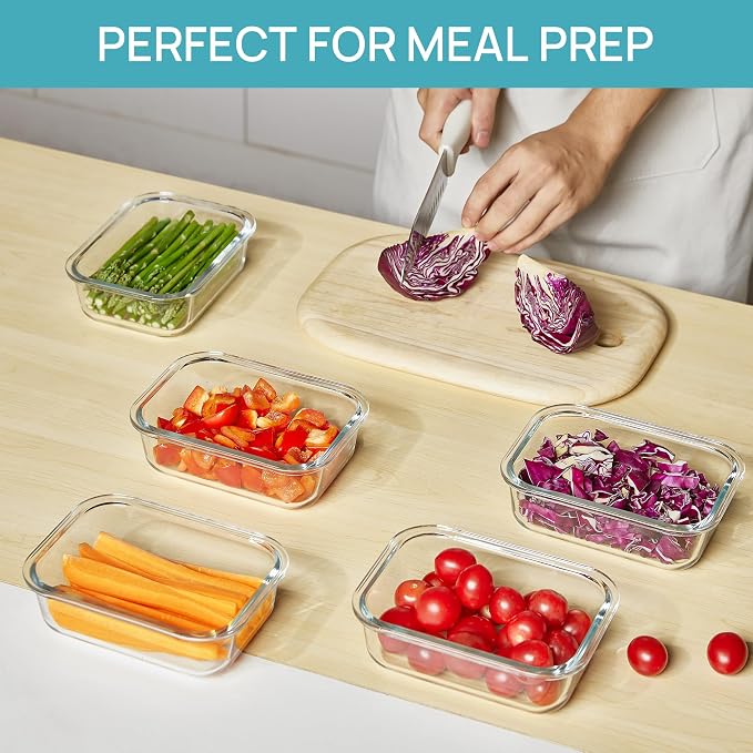 Vtopmart 5Pack 22oz Glass Storage Containers with Lids, Glass Meal Prep Food Container Sets with Snap Airtight Lid for Microwave, Oven, Freezer and Dishwasher, Pink
