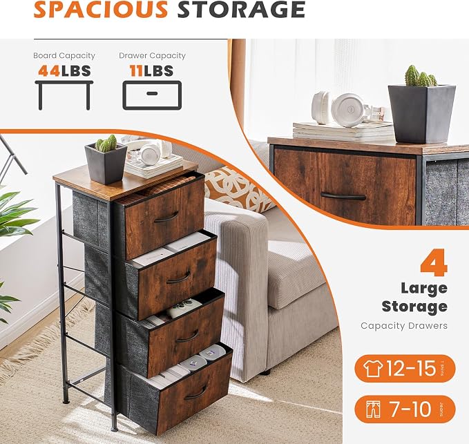 Sweetcrispy Dresser for Bedroom, 4 Drawer Storage Organizer for Closet | Small Fabric Dresser Cabinet, Chest of Drawers with Sturdy Frame, Tall Nightstand, Home Furniture, Rustic Brown