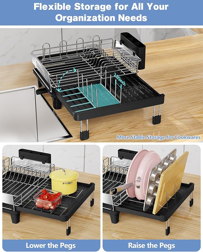 Expandable Dish Drying Rack for Kitchen Counter, 304 Stainless Steel, Flip-Top Retractable Plate, Multi-Directional Adjustable, Space-Saving Large Drying Rack, Black