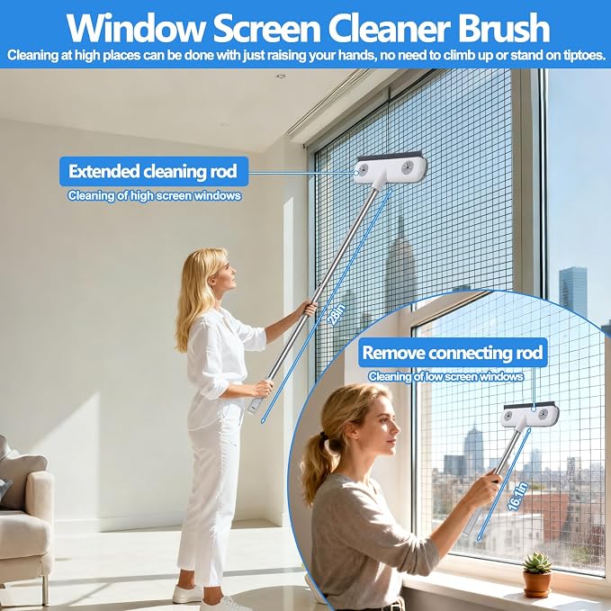 XANGNIER Window Screen Cleaner & Track Cleaning Kit-Mesh Screen Cleaner Brush with Extension Pole,Window Sill and Track Cleaner Tool Washing Equipment,28″Detachable Long-Reach Handle,Wet&Dry Dual-Use