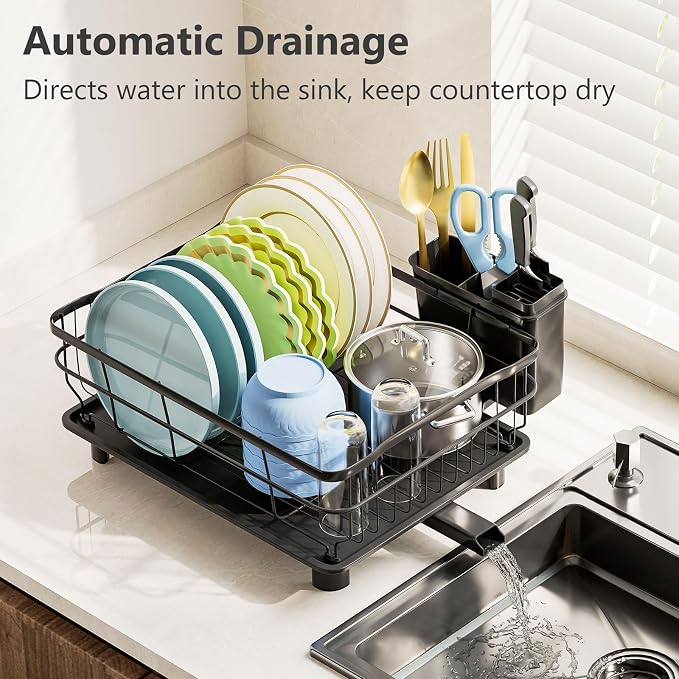AIDERLY Auto Drain Metal Dish Drying Rack Dish Drainers, All Black | with Draining Tray, Strainer, for Kitchen Counter, Sink