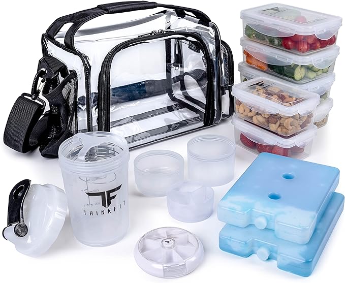 ThinkFit Clear Lunch Bag with 6 Meal Prep Containers - BPA-Free, Reusable, Microwave + Freezer Safe - With Shaker Cup and more! Clear Lunch Box - Transparent Bag for Work