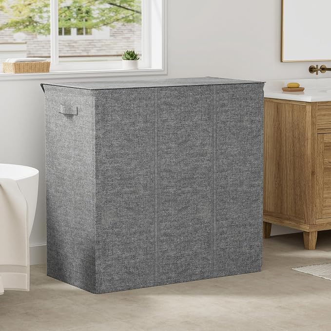 WOWLIVE 180L Laundry Hamper 3 Section, Large Laundry Basket with Lid | Dirty Clothes Hampers with Removable Bags and Handles, Collapsible Laundry Basket Organizer for Dorm Room, College, Grey