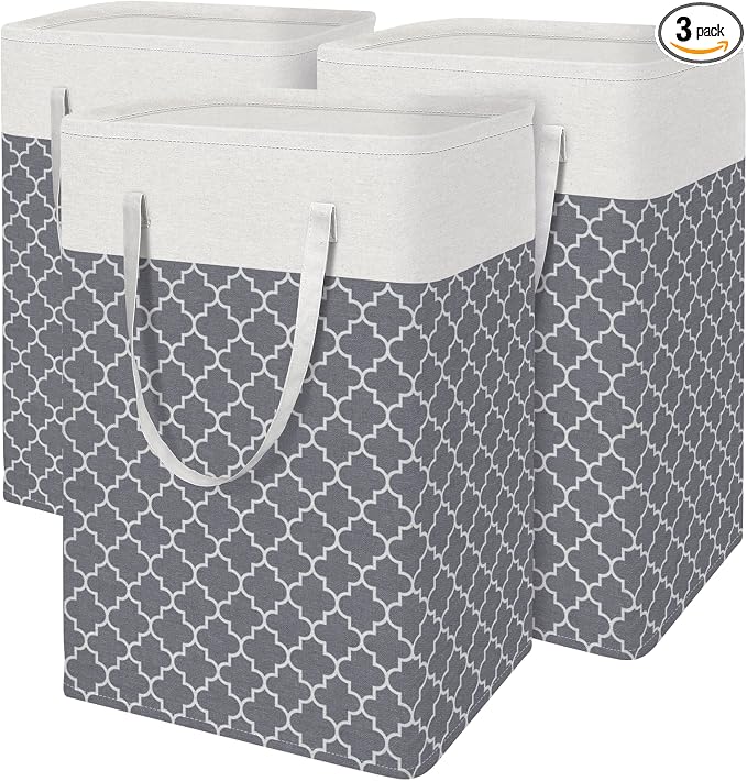 BlissTotes 3-Pack Laundry Basket, Laundry Hamper, Light Grey, 88L | Laundry Clothes Hamper, Hampers for Bedroom, Freestanding Hamper with Handles, Clothes Laundry Basket