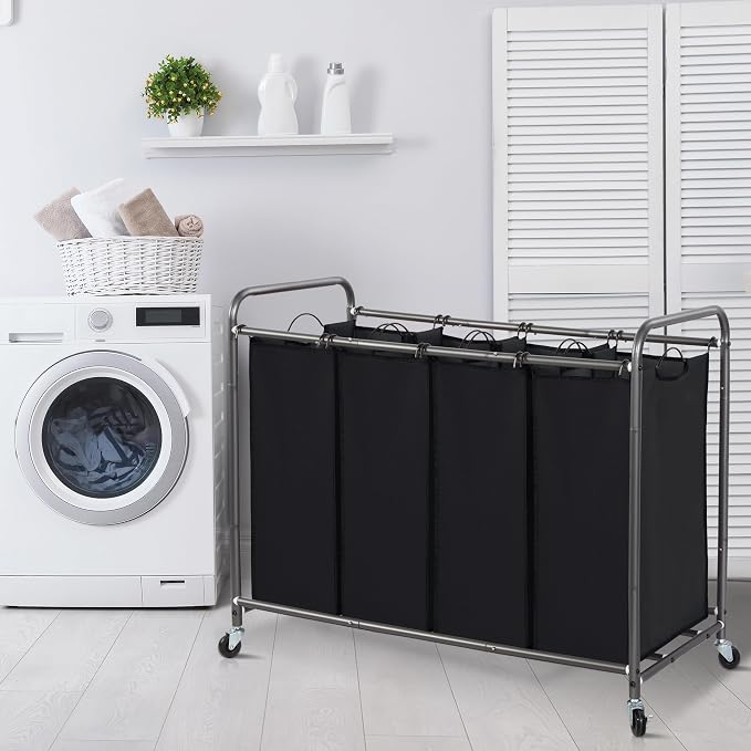 STORAGE MANIAC Laundry Sorter 4 Section, 47.5 Gal (180 L) Laundry Hamper with Wheels, Clothes Divider Basket Sorter, Separator Hamper Cart with Removable Bags, Black