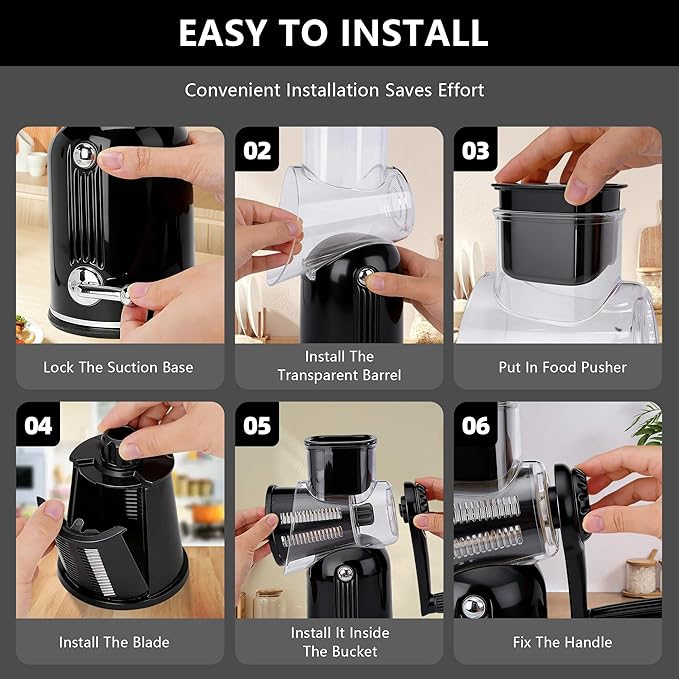 Rotary Cheese Grater with Handle – Includes 5 Stainless Blades and Feature Strong Suction Base – Easy to Clean, Cheese Shredder Hand Crank, Multi-Purpose Slicer (Black)