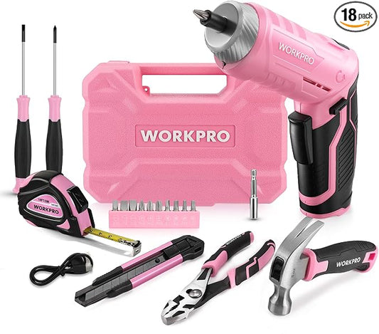 WORKPRO Pink Tool Set with 3.7V Rotatable Electric Screwdriver, 18PCS Portable Ladies Home Tool Kit with Toolbox, Cordless Electric Screwdriver Kit, Household tool kit for Dorm, Apartment -Pink Ribbon | Pink Ribbon, USB-C Rechargeable, Compact Storage ...