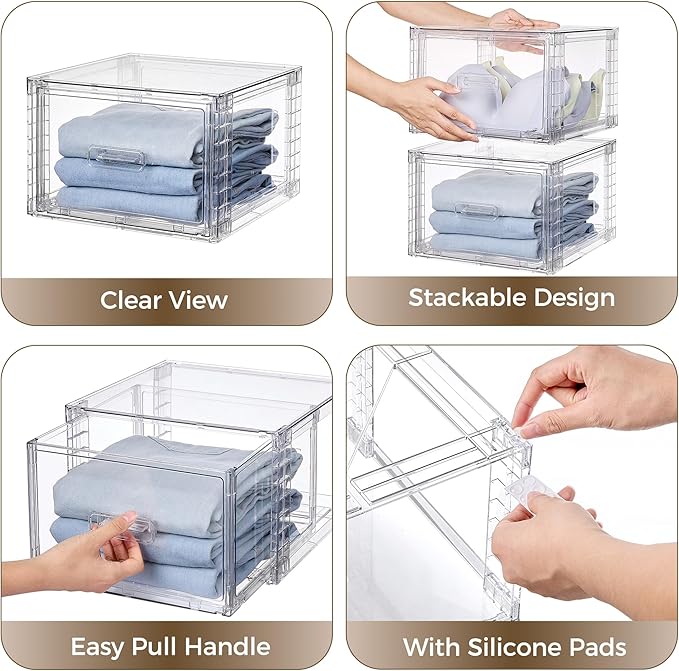 Vtopmart 2 Pack Clear Stackable Storage Drawers 15QT, Easily Assemble Closet Organizers,Plastic Storage Bins for Bathroom,Cabinet,Kitchen Pantry,Under Sink Organization(Medium)