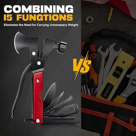 Gifts for Men, 15 in 1 Multitool Axe for Camping, Hunting, Hiking | Birthday Gifts for Men, Dad, Him, Husband, Boyfriend, Women, Mens Gift from Daughter, Wife, Son, Red