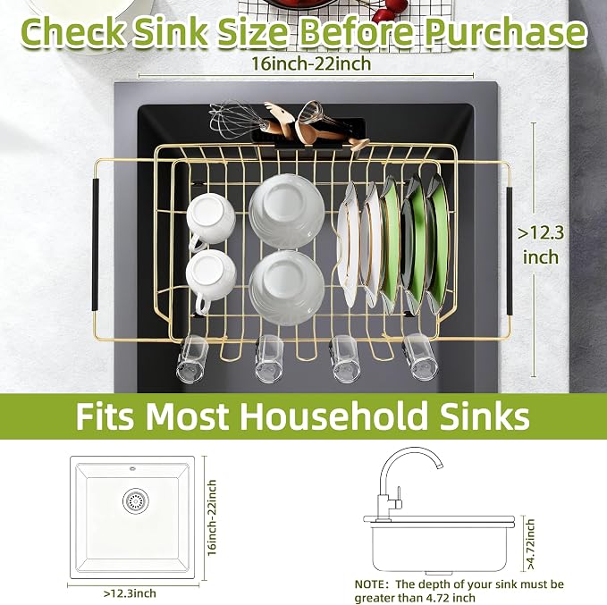 Dish Drying Rack-Large Stainless Steel Dish Drainer Over The Sink for Kitchen Countertop with Utensil Holder and Silicone Drying Mat(Gold, in Sink, 24.2'*13.2')
