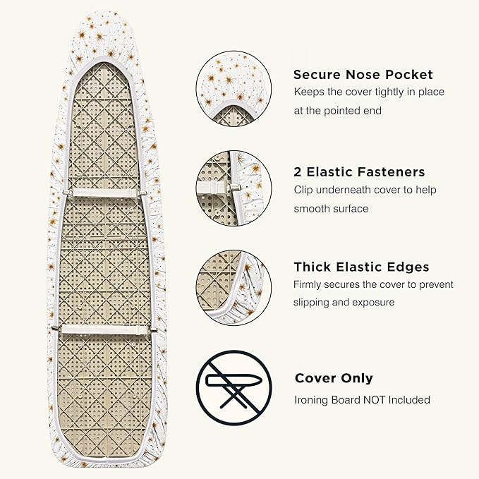 UniSimp Ironing Board Cover and Pad 15"x54" Extra Thick Natural Cotton, Scorch and Stain Resistant Padding, Standard Size Iron Board Cover with Fasteners Heavy Duty Elastic Edge, Heatproof Starlight